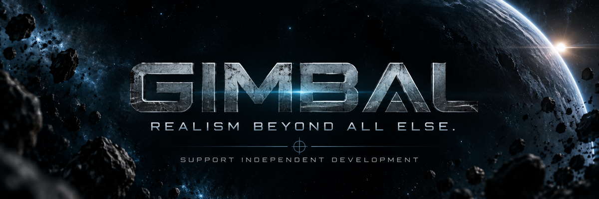 GIMBAL. Realism Beyond All Else. Support independent development. An asteroid field surrounds a distant planet and a sunrise.